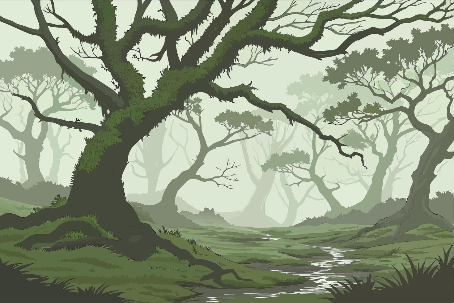 Enchanted Forest Scene Illustration with Mossy Trees for Nature Themed Art vector