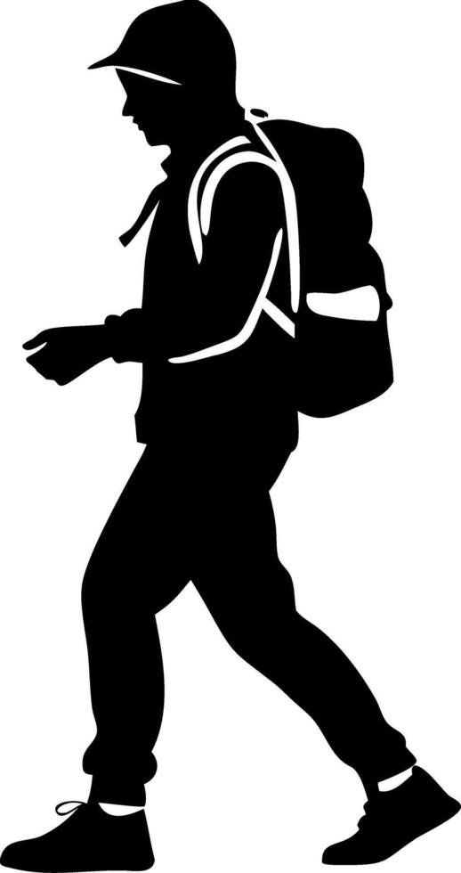 Silhouette of Backpacking Hiker Walking in Outdoor Adventure Art vector