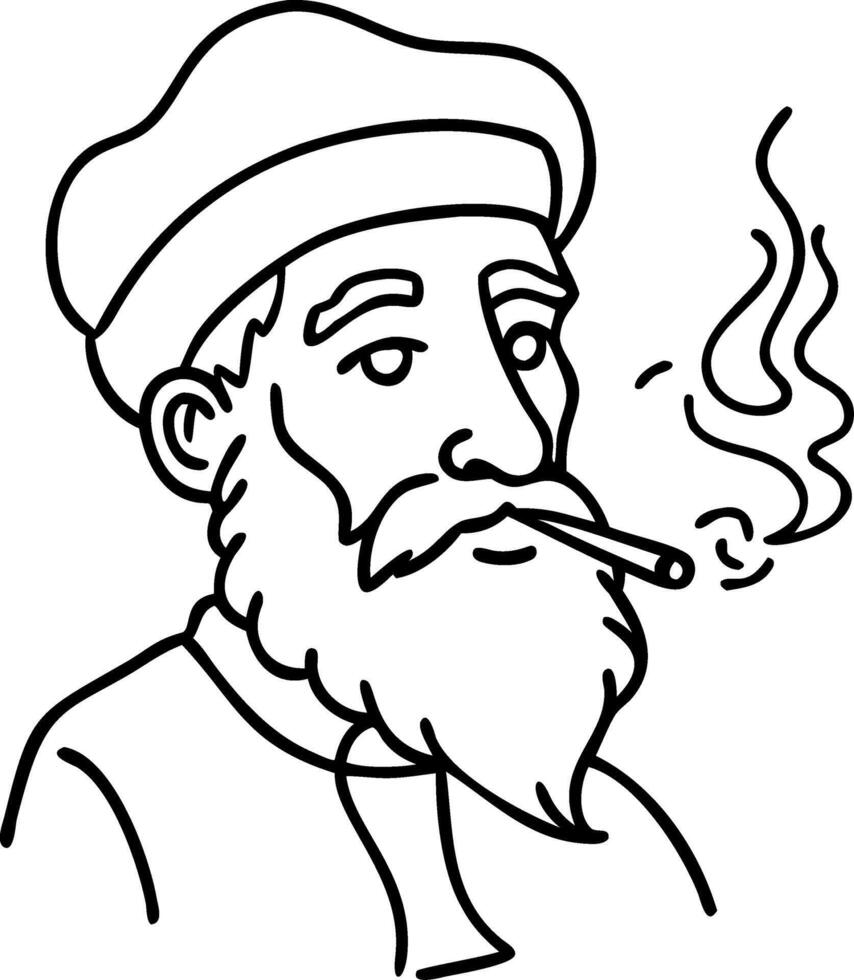 Bearded Man with Cigarette Line Art Retro Style Illustration vector