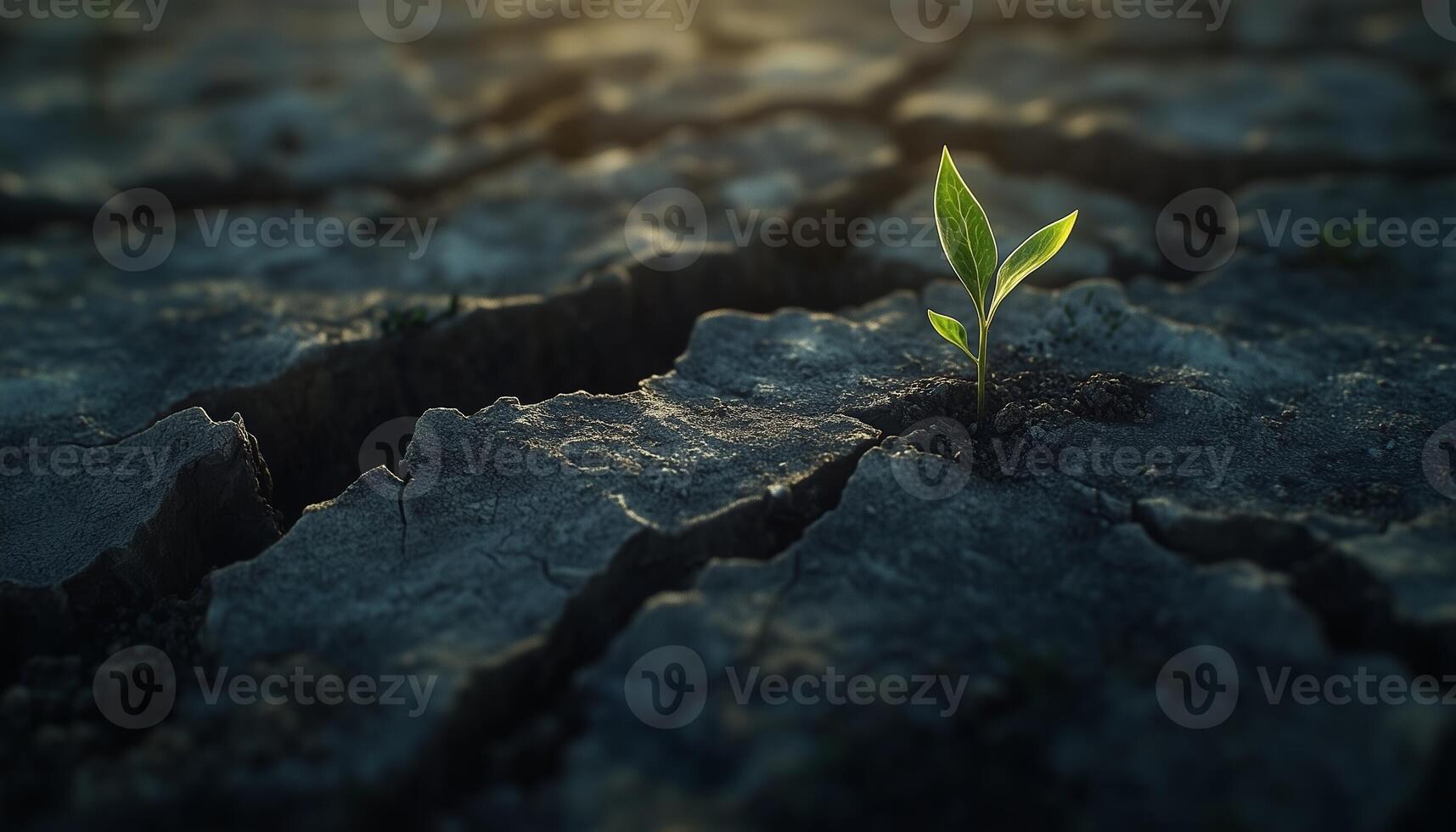 Cracked mud soil dry surface land with sprout tree dark light photo