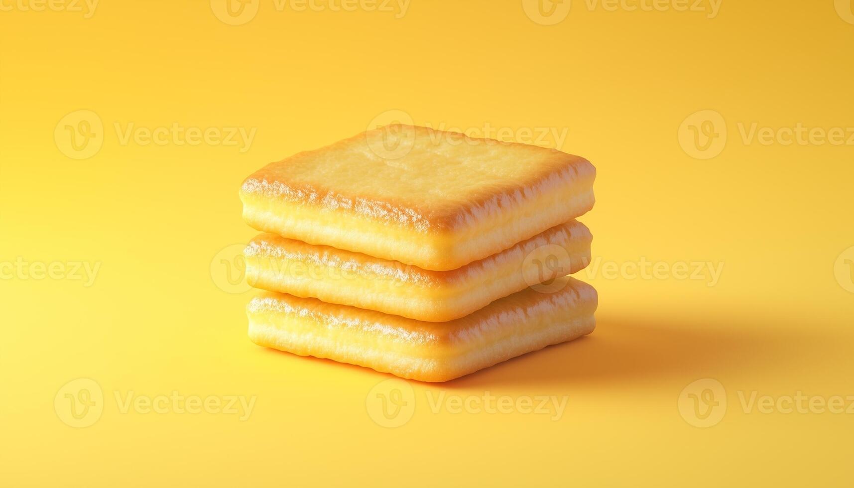 Biscuit stack square with icing sugar on yellow background photo