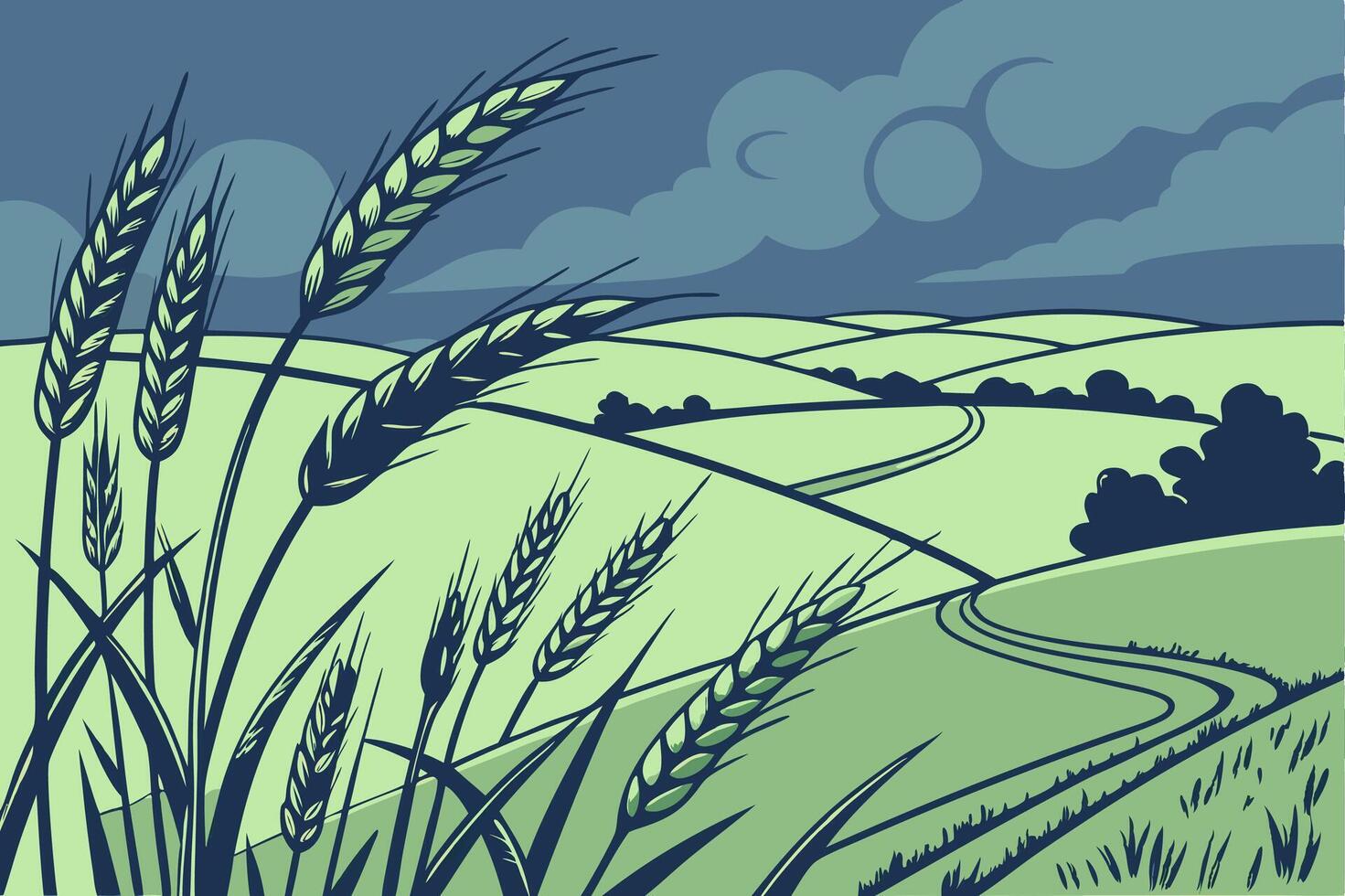 Wheat Field Artwork with Rolling Hills and Cloudy Sky for Nature Illustrations vector
