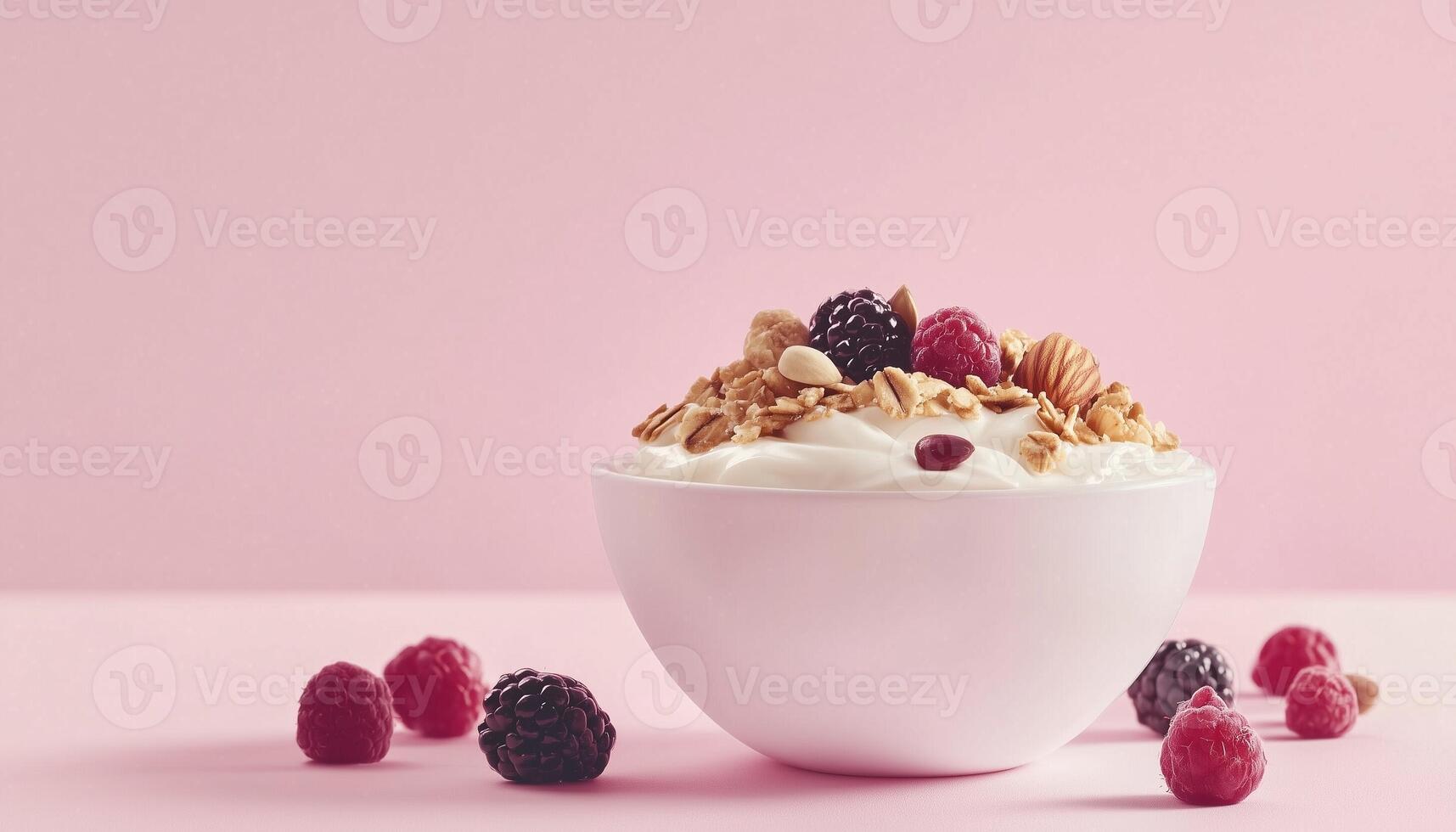 Yogurt fresh with oat seed, nut and raspberry on white bowl photo