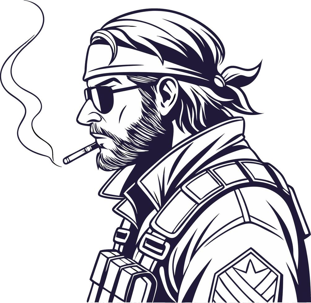 Cool Bearded Soldier Smoking Stylish Art for Posters and Apparel vector