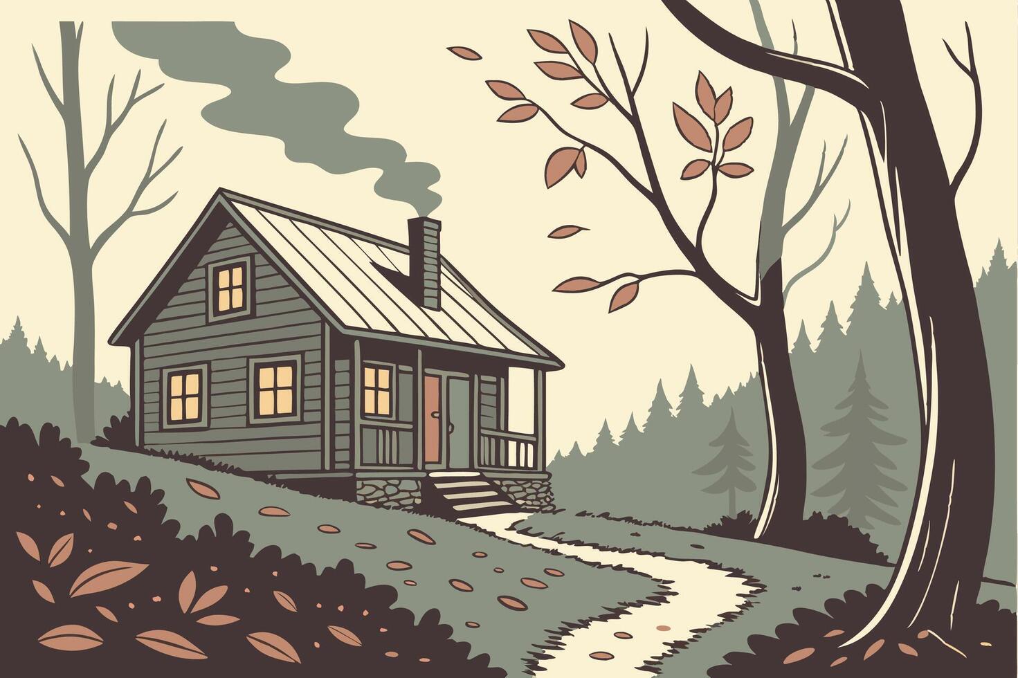 Rustic Cabin in Autumn Forest Illustration for Art and Design Projects vector