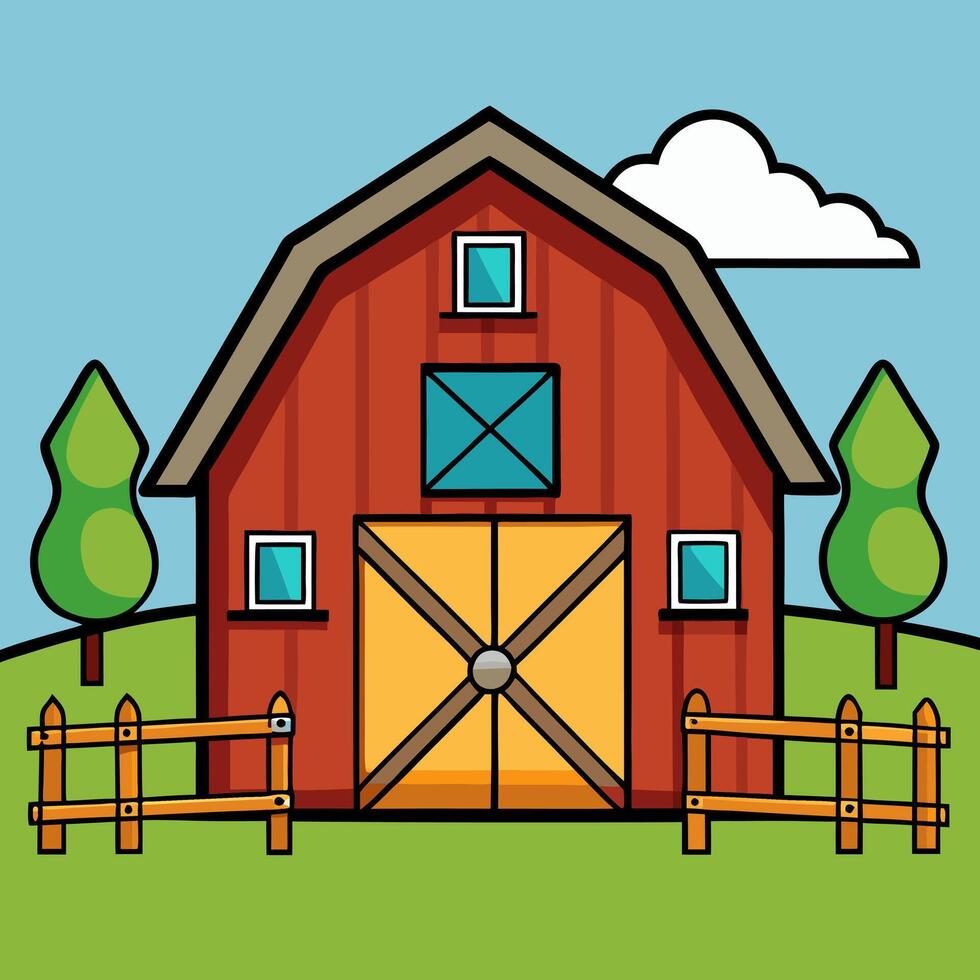 Vibrant Red Barn Illustration with Trees and Fence for Farm-Themed Designs vector