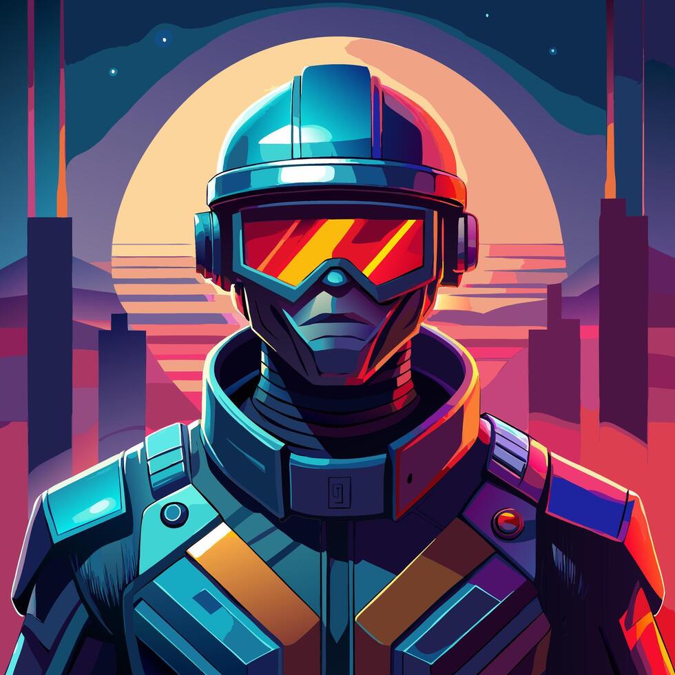 Futuristic Cybernetic Soldier in Vibrant Sci Fi Cityscape Art vector
