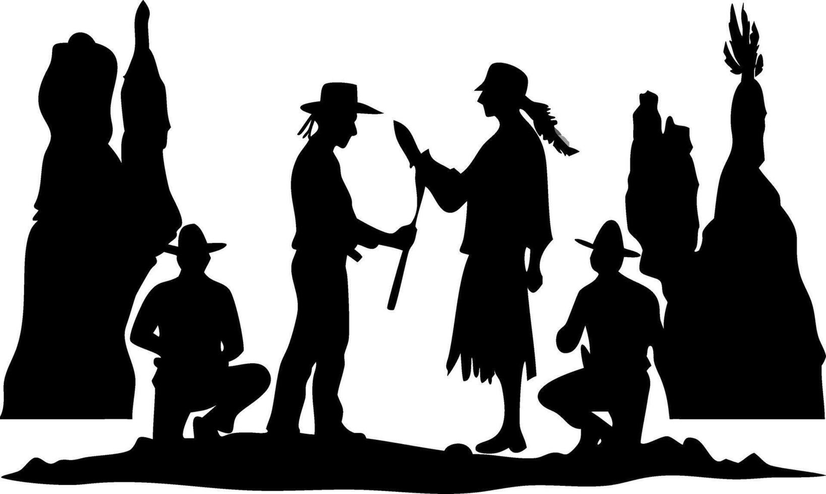Silhouette Cowboys and Native American Historical Scene Illustration vector