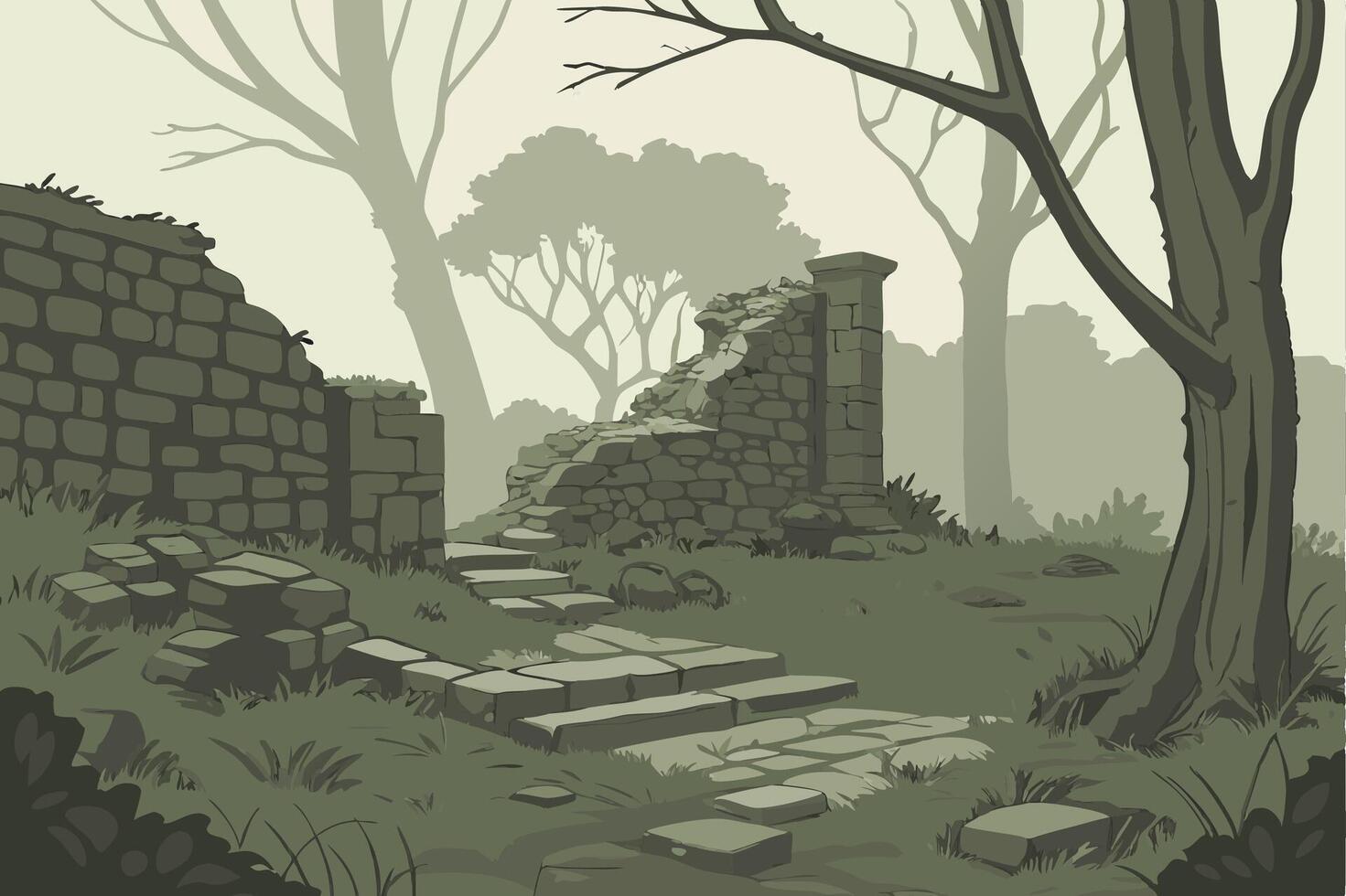 Ancient Stone Ruins in Forest Setting Illustration for Art and Design Projects vector