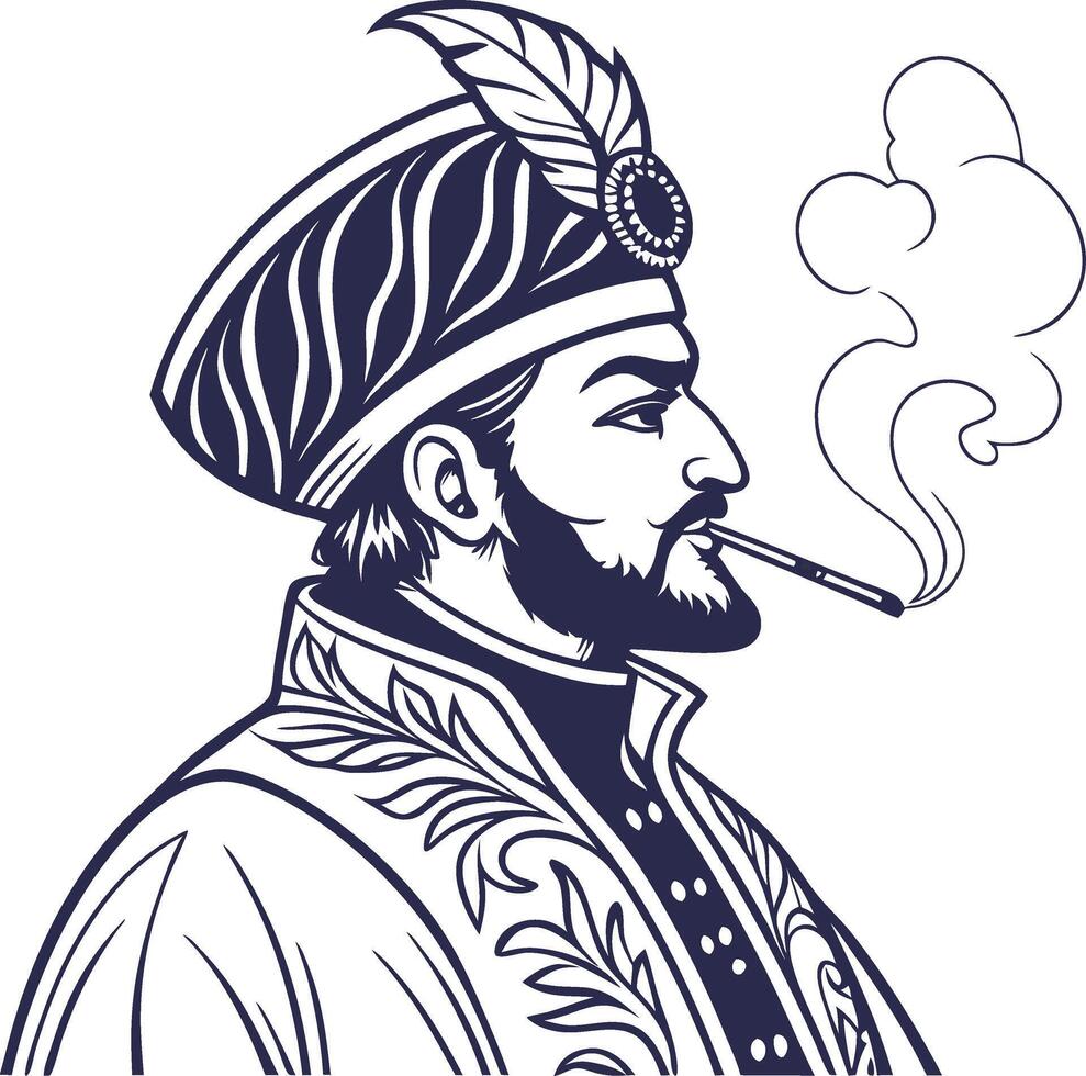 Elegant Traditional Man Smoking in Feathered Hat Illustration vector