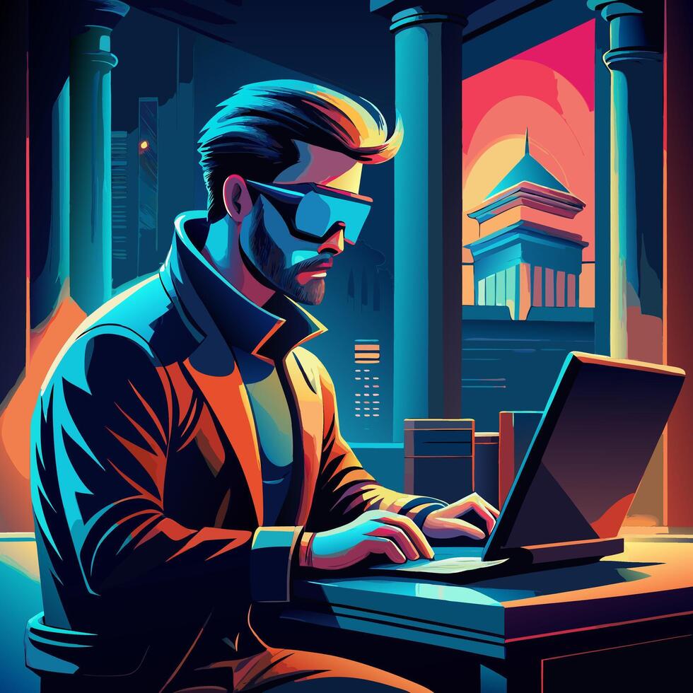 Cyberpunk Cityscape Hacker Working on Laptop at Night vector