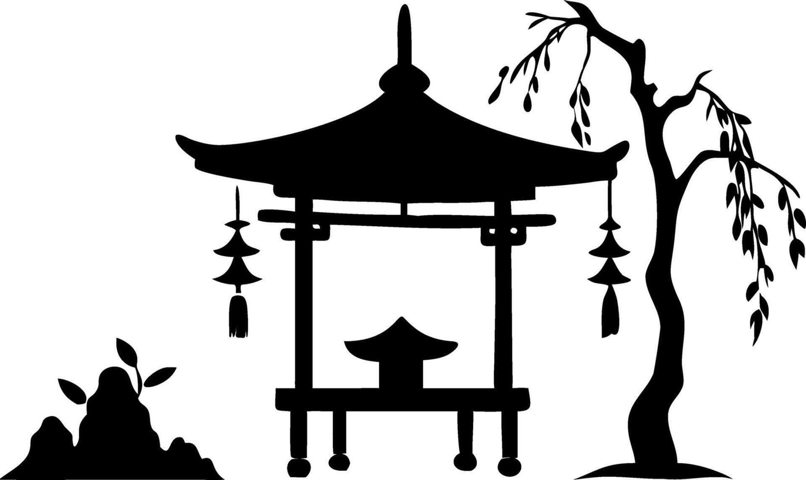 Traditional Japanese Pagoda Silhouette with Tree and Rock Garden Design vector