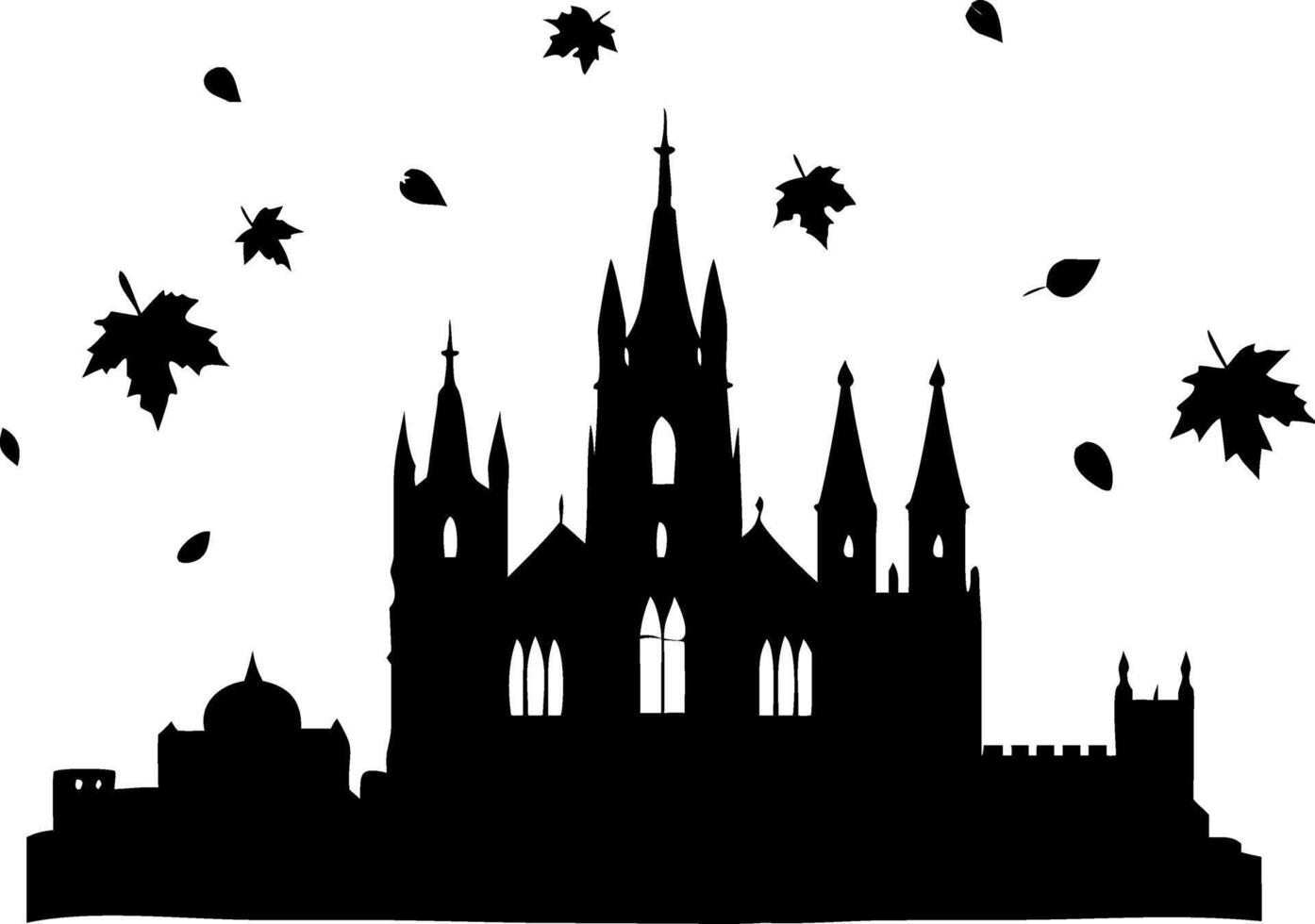 Gothic Castle Silhouette with Falling Leaves for Halloween Illustrations vector