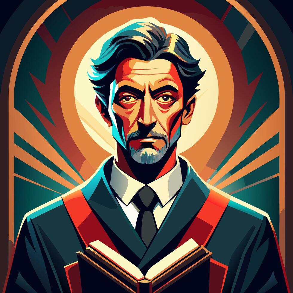 Distinguished Older Man Reading Book with Sunburst Background Illustration vector