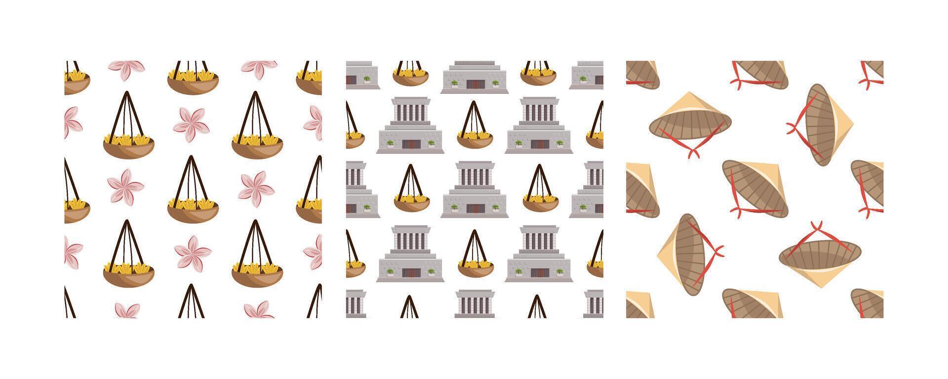 Set of seamless patterns with Vietnamese symbols, conical hats, lotus flowers, and baskets in flat style vector