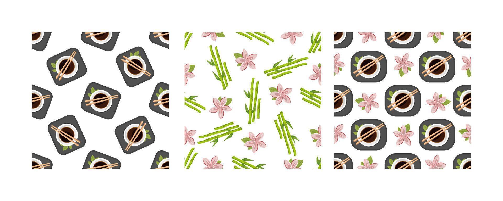 Asian seamless pattern set with soy sauce, bamboo and lotus flowers in flat style with pastel color palette vector