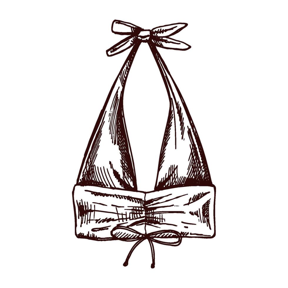Hand drawn sketch of halter bikini top with bows in monochrome vintage style vector