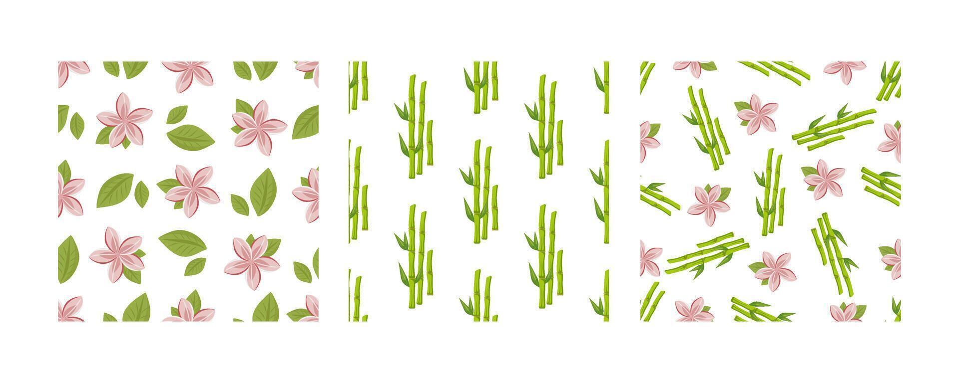 Set of seamless patterns with lotus flowers and green bamboo in flat style on white background vector