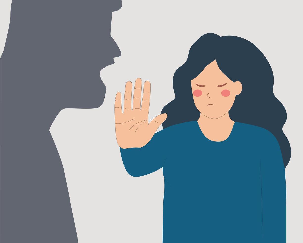 Human shadow threats and shout at a woman. Strong female says NO to abuse and bullying. Stop domestic violence and exploitation concept. vector