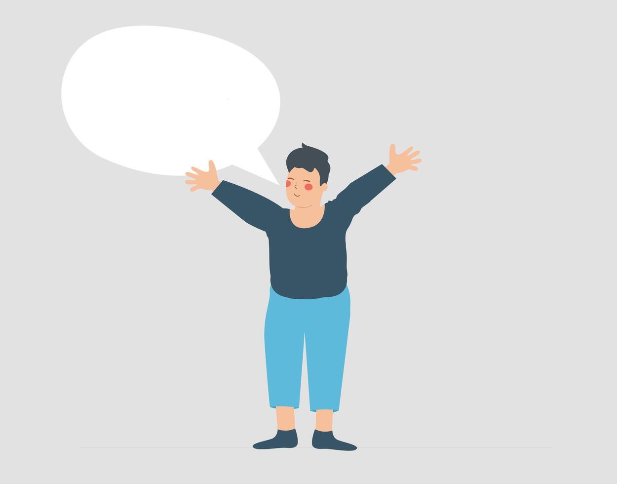 Small child explains a creative idea in his mind at school. Intelligent boy imagines a solution and forms it with his hands. Concept of speech bubble, communication and education. vector