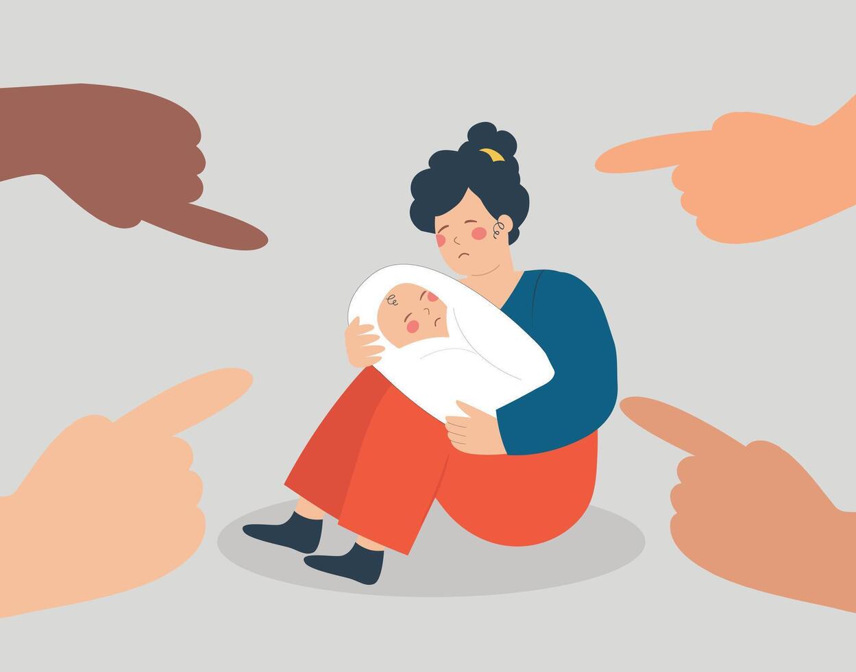 Single mother holds her baby and suffers from fingers pointed at her that threat them. People blaming and bullying mom with newborn. Social pressure, family abuse, domestic violence concept vector