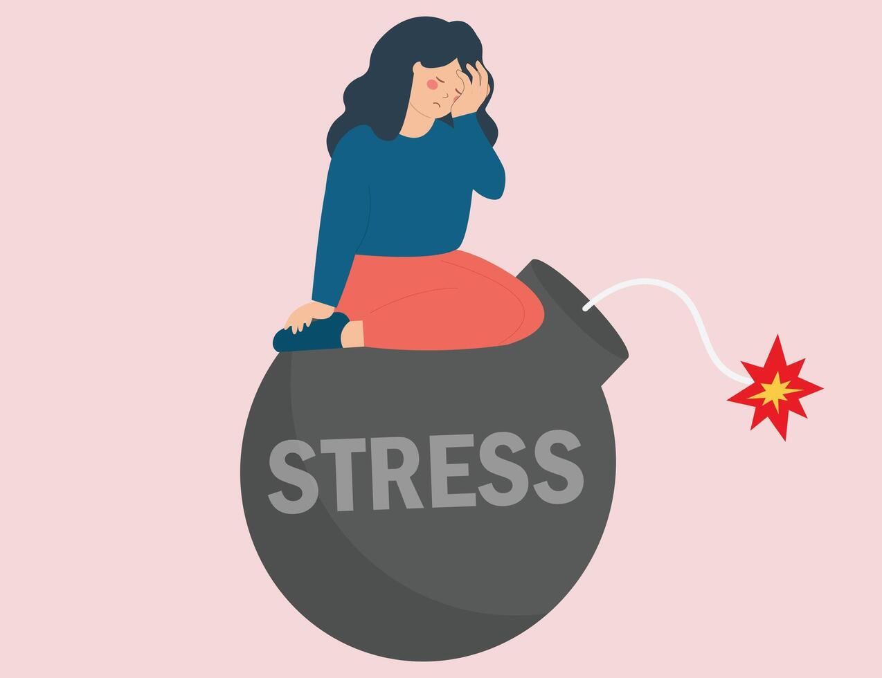 Woman with a headache carrying accumulated negative emotional burden. Sad female with anxiety sitting on a stress bomb with burning fuse due to daily work pressure. Mental health disorder concept. vector