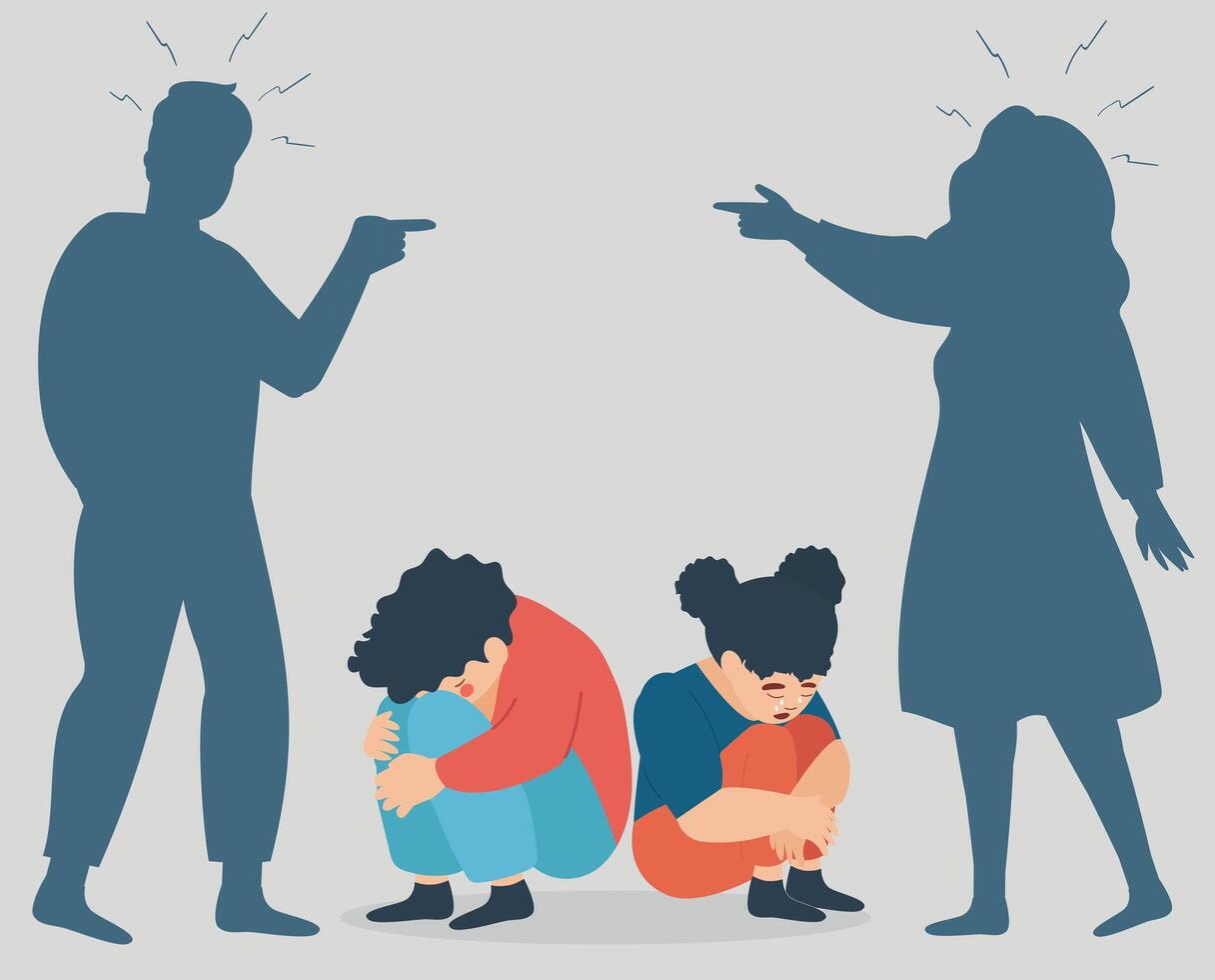 Parents arguing in from of their sons. Angry mother, father fighting in children presence. Divorce problem in family. Kids crying, standing between two screaming adults. Relationship conflict Concept. vector