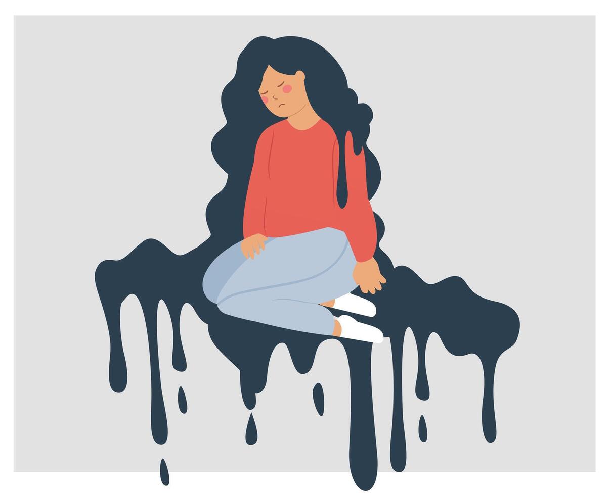 Woman struggling with mental health issues such as PTSD, depression, anxiety, phobias, or mood disorders. Sad girl girl falling apart and overwhelmed by dark and negative thoughts. vector
