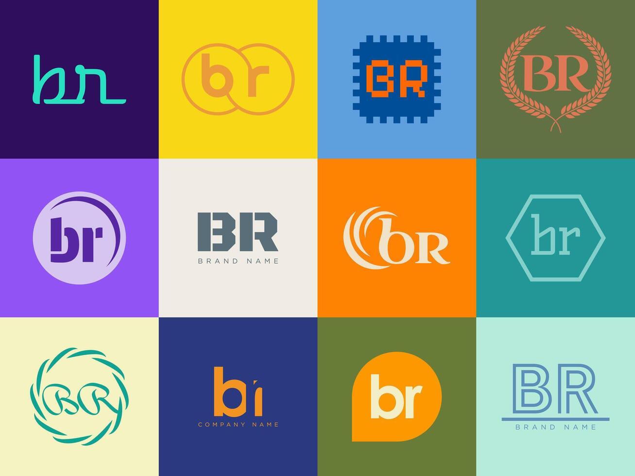 BR logo company template. Letter b and r logotype. Set different classic serif lettering and modern bold text with design elements. Initial font typography. vector