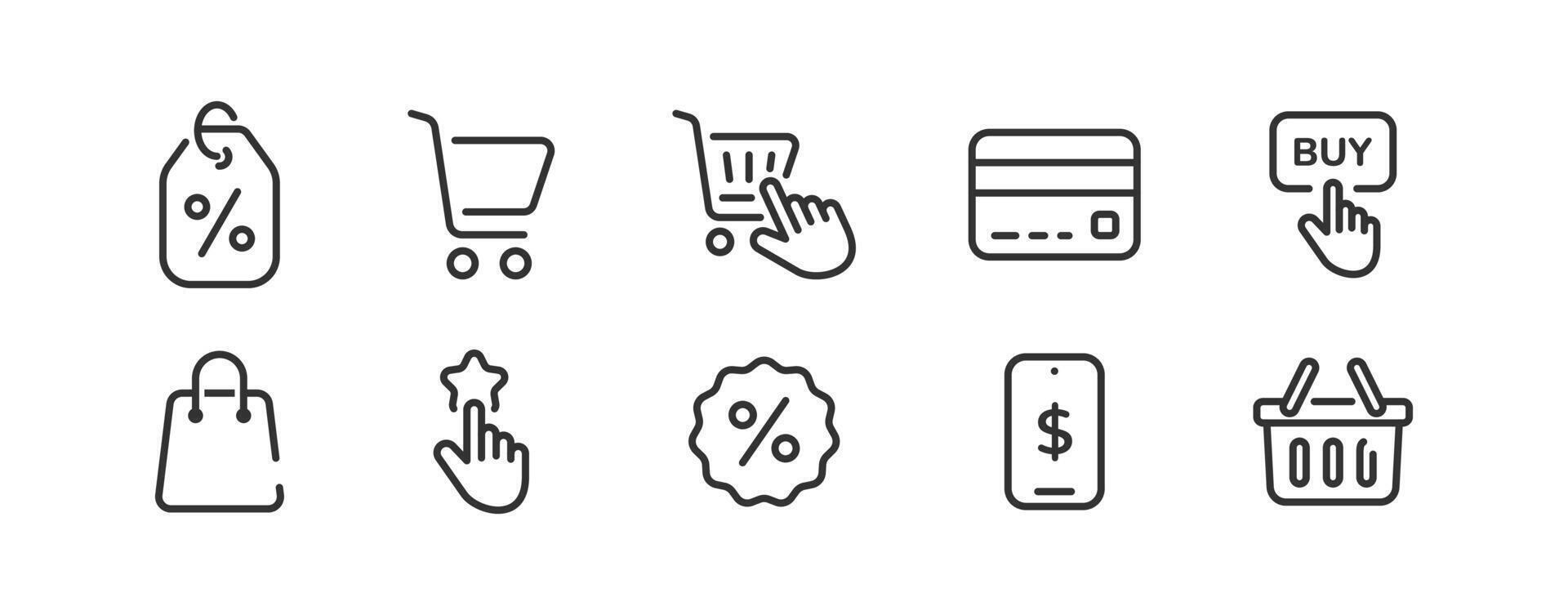 Shopping icon set. Store basket, cart, bag symbols. Discount and feedback online. E-commerce and retail sale. vector