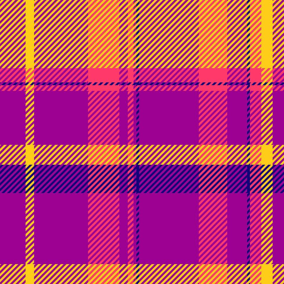 Vibrant, geometric plaid pattern in bold purple, orange, and yellow hues. Perfect for textile design, fashion, website backgrounds, or any project needing a striking, modern aesthetic. vector