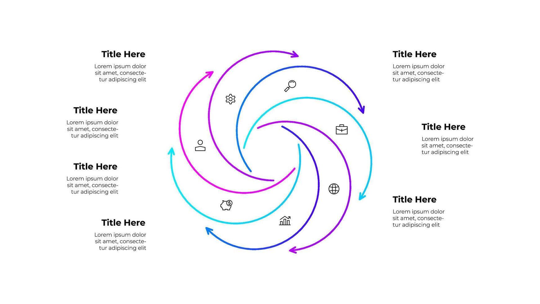 Line infographic diagram featuring a circular workflow with 7 arrows and icons. Business concepts showing growth, finance, and planning, symbolizing continuous improvement and strategic processes vector