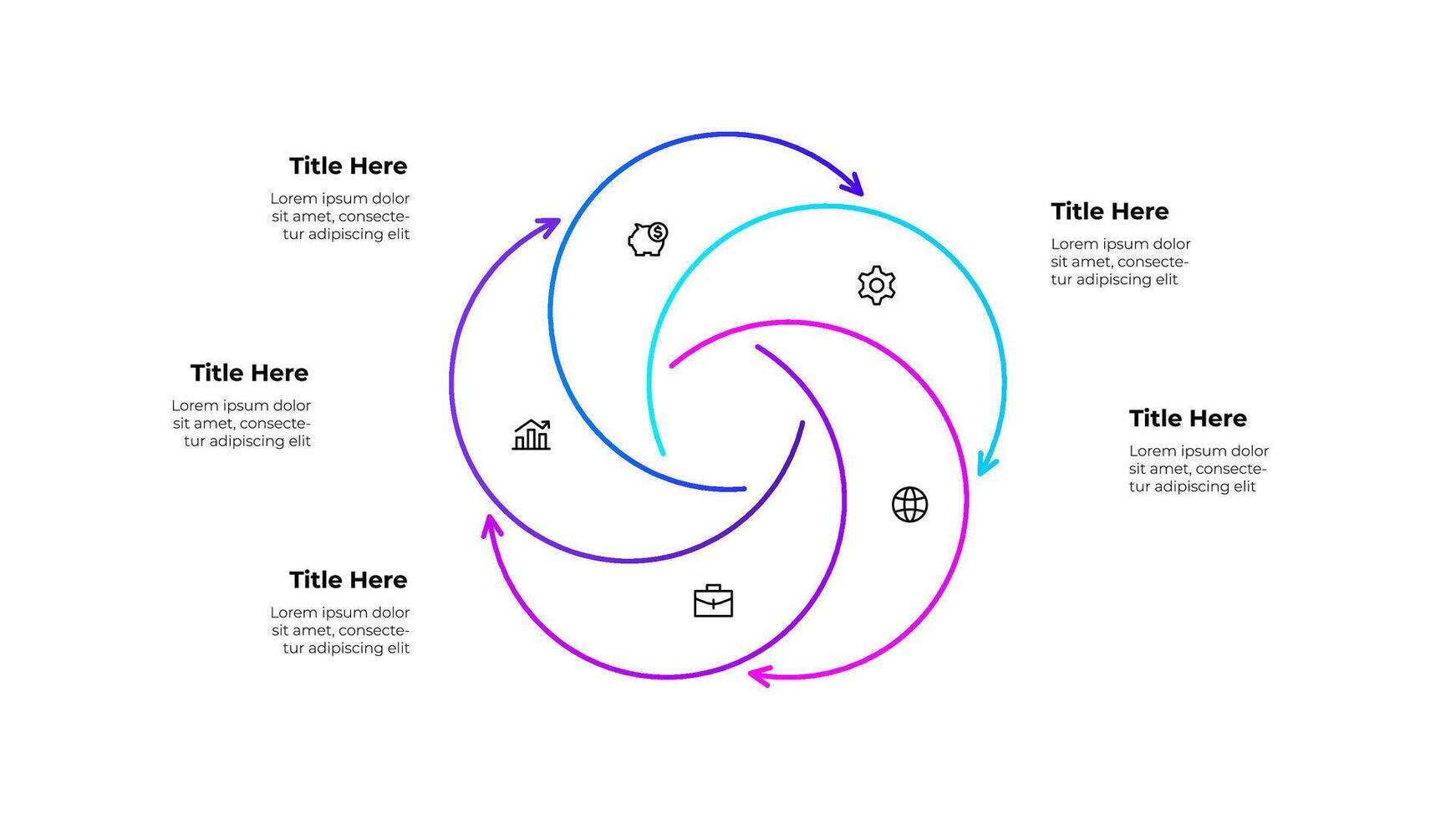 Line infographic diagram featuring a circular workflow with 5 arrows and icons. Business concepts showing growth, finance, and planning, symbolizing continuous improvement and strategic processes vector