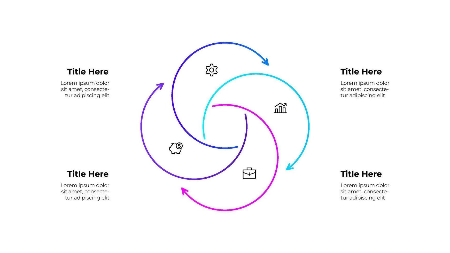 Line infographic diagram featuring a circular workflow with 4 arrows and icons. Business concepts showing growth, finance, and planning, symbolizing continuous improvement and strategic processes vector