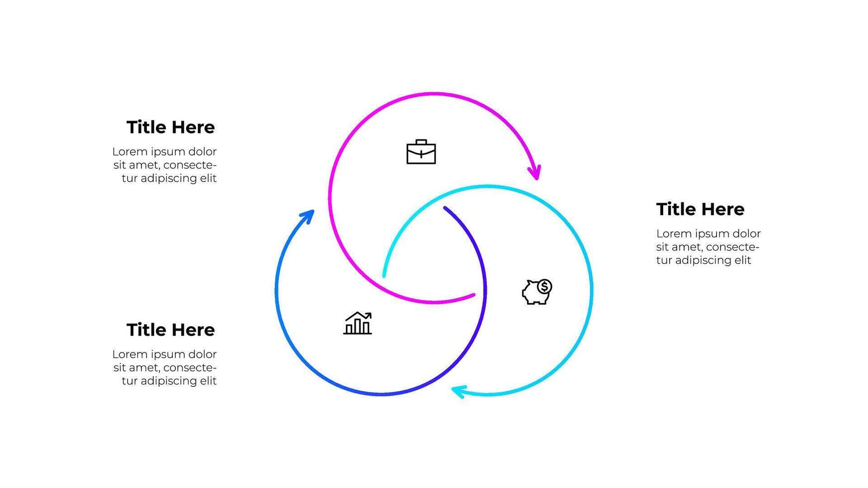 Line infographic diagram featuring a circular workflow with 3 arrows and icons. Business concepts showing growth, finance, and planning, symbolizing continuous improvement and strategic processes vector