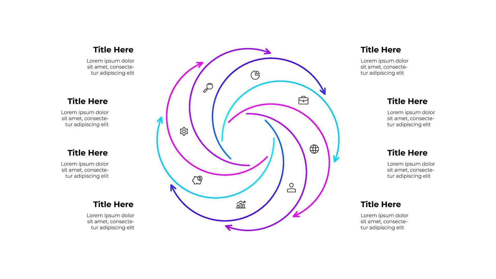 Line infographic diagram featuring a circular workflow with 8 arrows and icons. Business concepts showing growth, finance, and planning, symbolizing continuous improvement and strategic processes vector