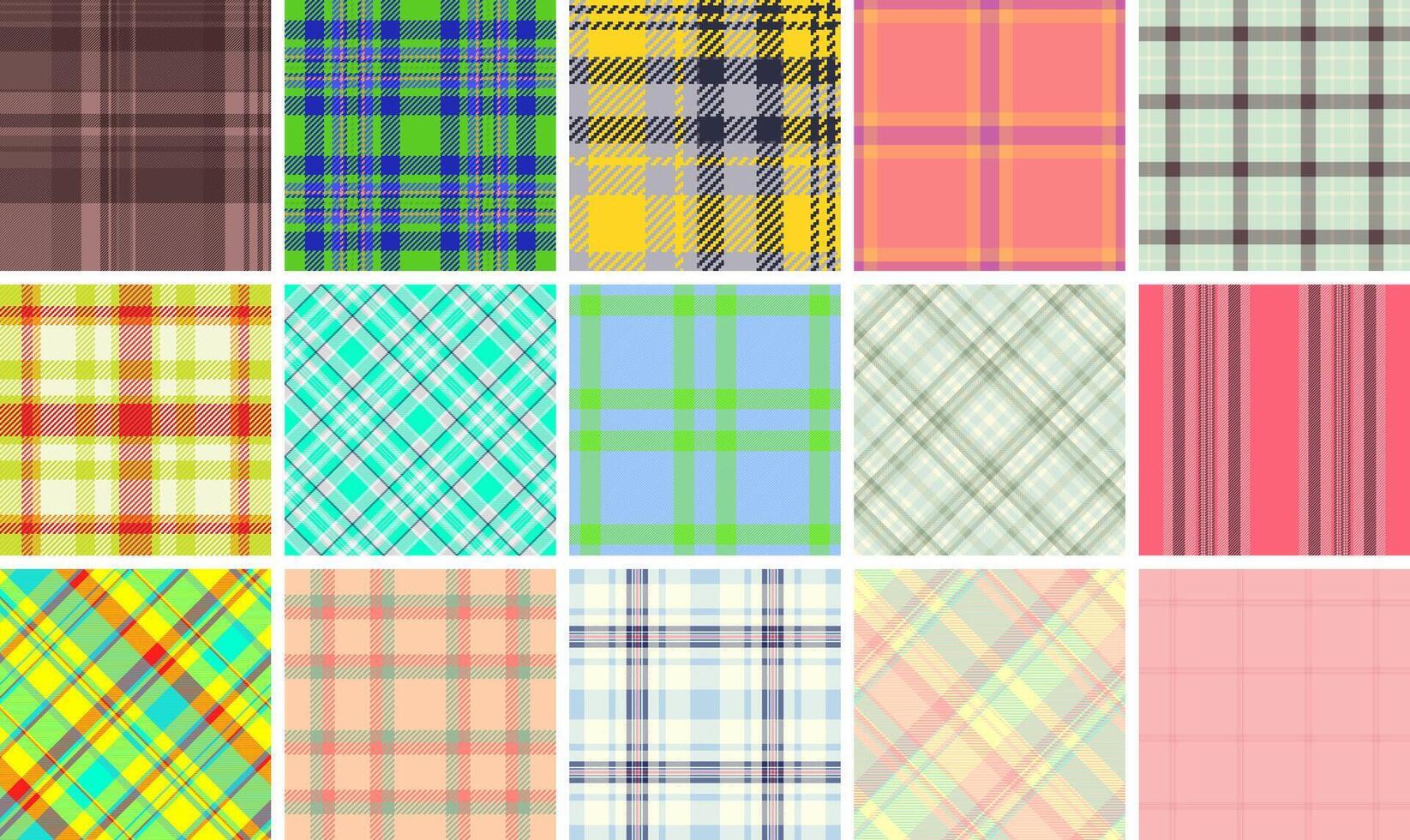 Vibrant collection of 15 diverse plaid patterns. Perfect for textile design, fashion, website backgrounds, or scrapbooking. vector