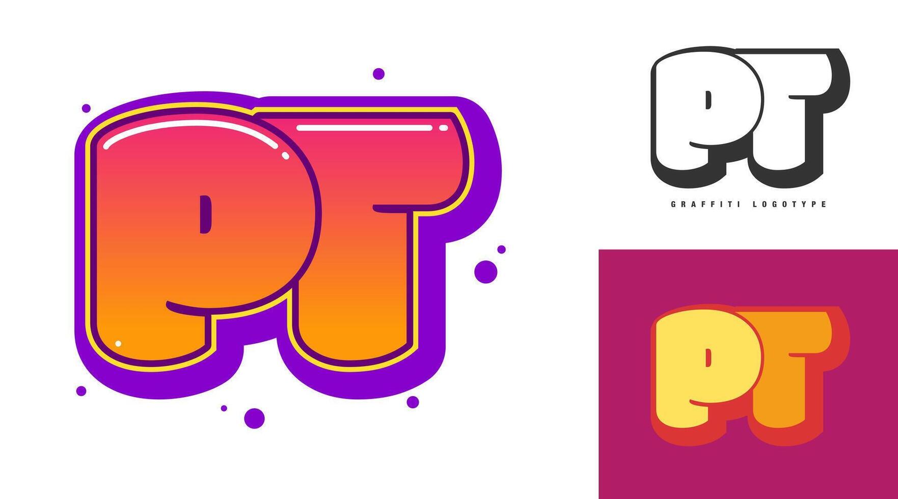 PT logo design for festival or party. Initial letter p and t in graffiti style. Creative modern lettering company name of font typography. Kids trendy logotype or identity. vector