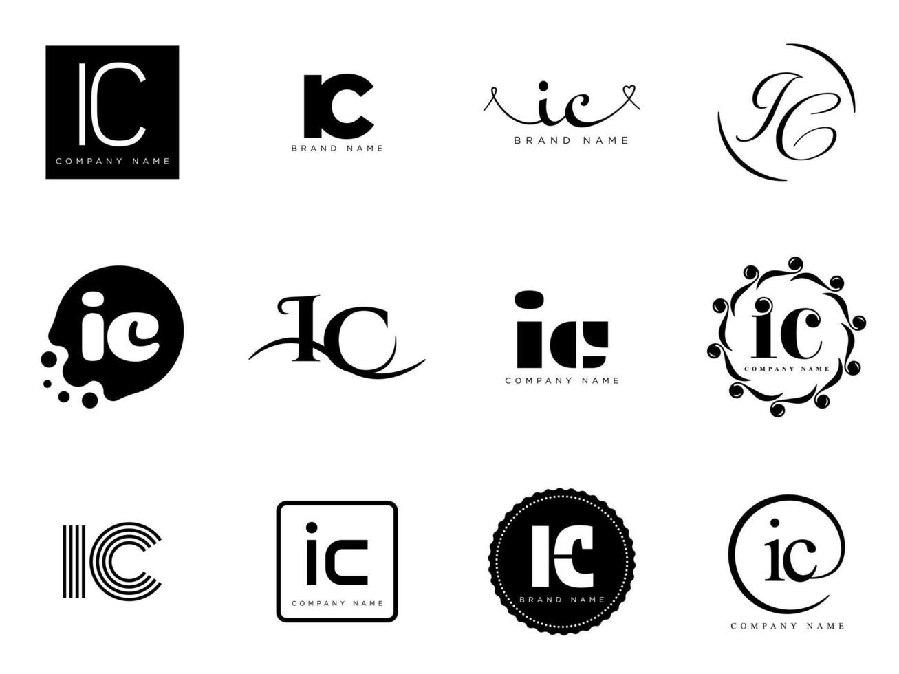 IC logo company template. Letter i and c logotype. Set different classic serif lettering and modern bold text with design elements. Initial font typography. vector