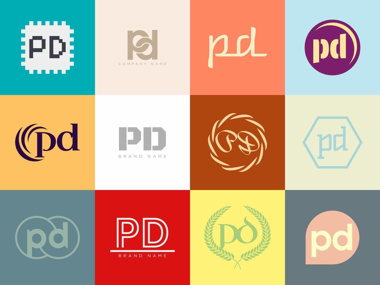 PD logo company template. Letter p and d logotype. Set different classic serif lettering and modern bold text with design elements. Initial font typography. vector