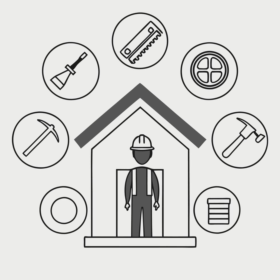 Contractor Silhouette with Tools and Home Building Symbols vector