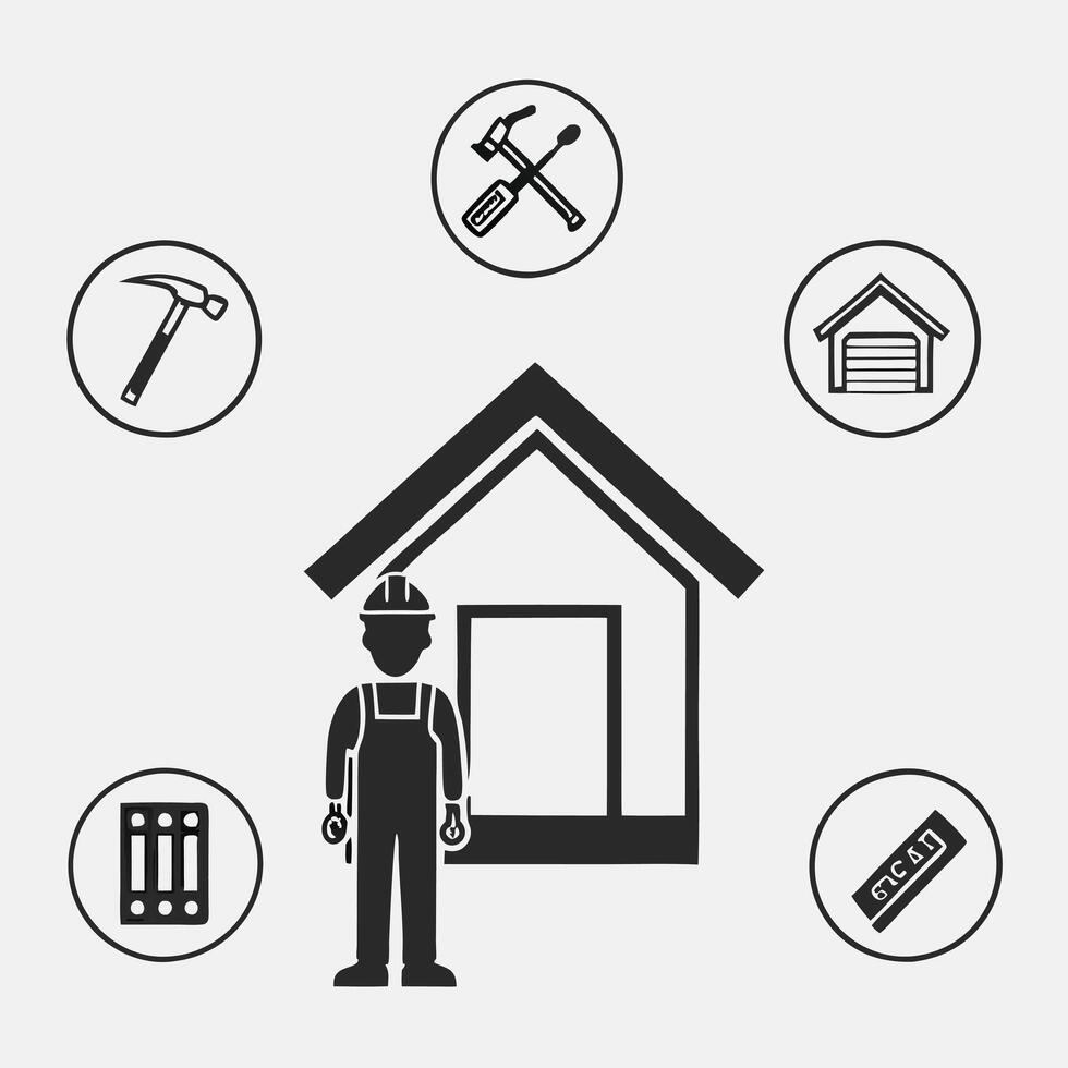 Construction Equipment and Worker Silhouette House Framework Elements vector