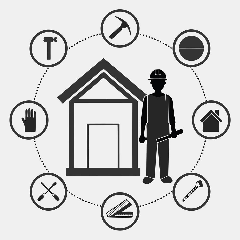 Builder Silhouette and Construction Tools House Framework vector