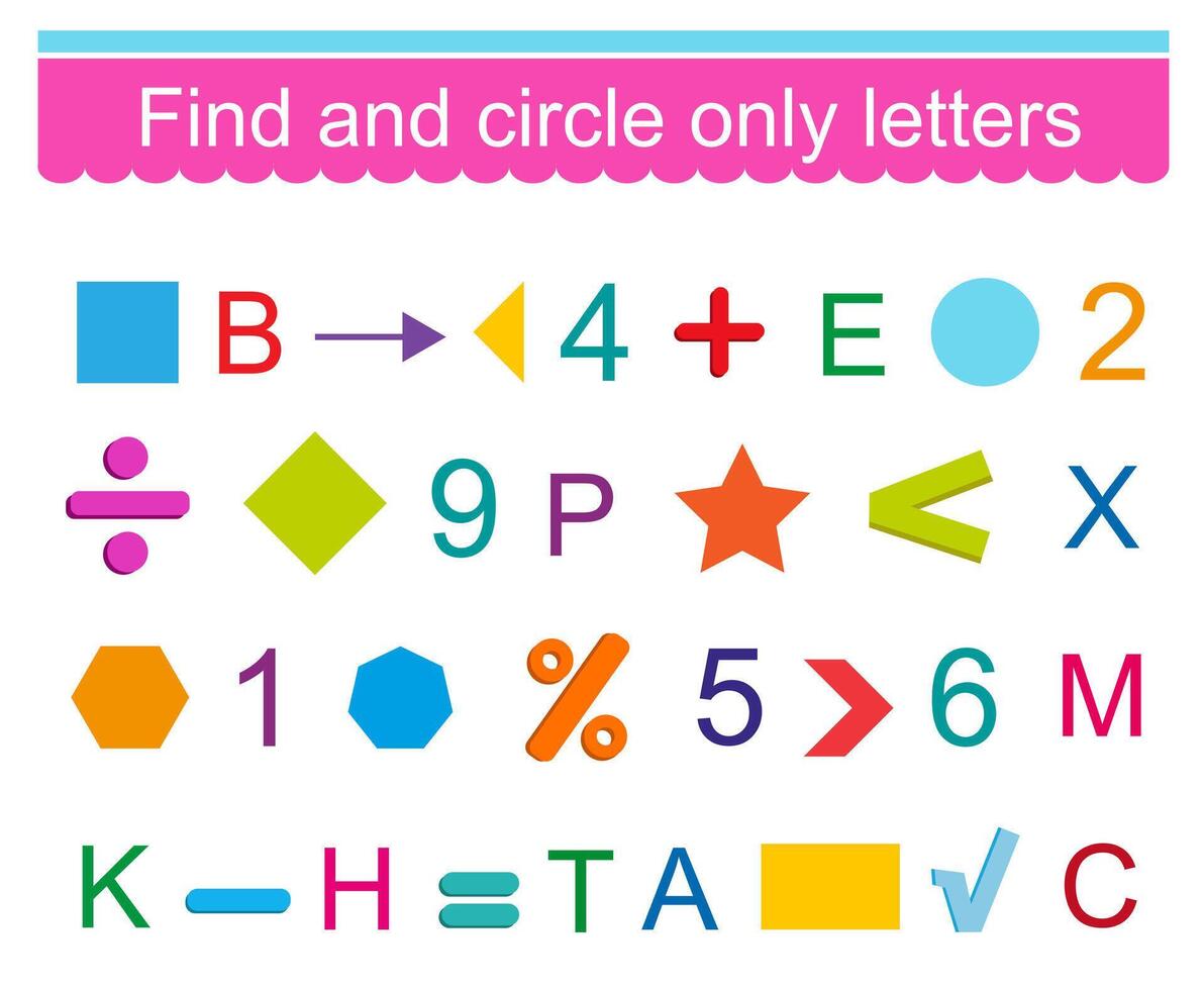Educational game for kids. Find and circle only letters. Worksheet. vector