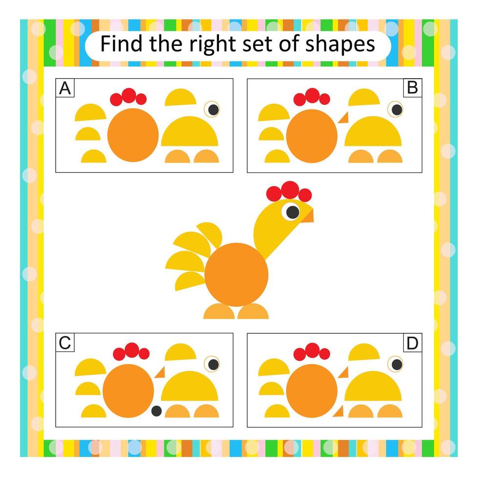 Logic puzzle for children. Find the correct set of cartoon rooster. Preschool worksheet activity. Answer is B. vector