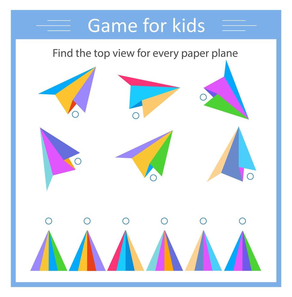 Logic game for children. Find the the top view for every paper plane. The attention game. For websites and for printing vector