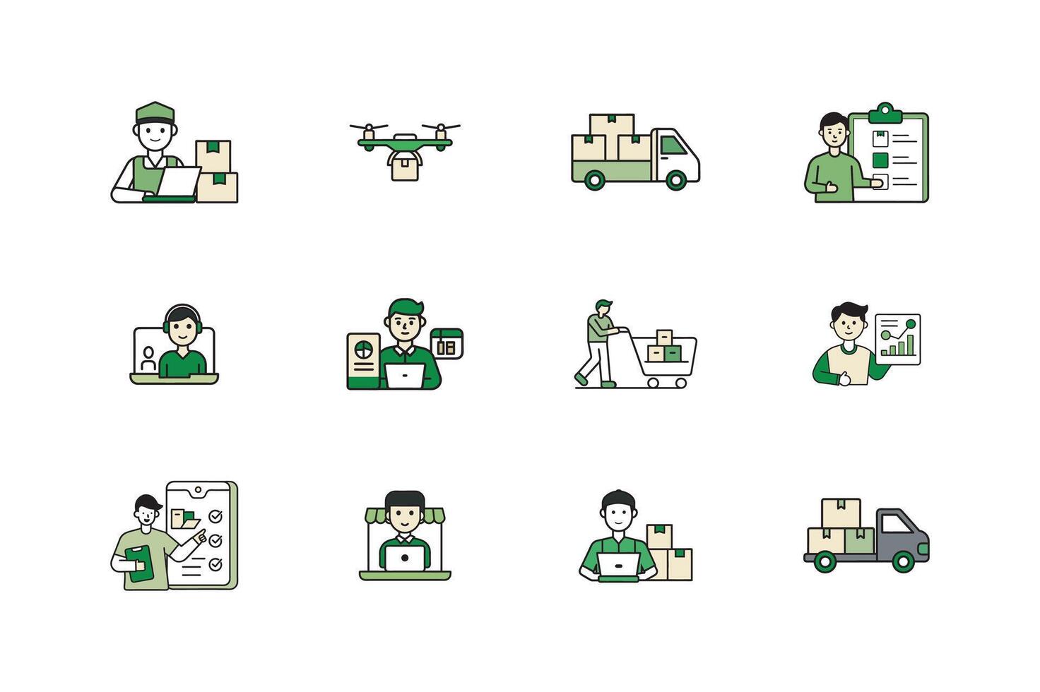 Outline illustrations of online shopping, business growth, and digital marketing vector