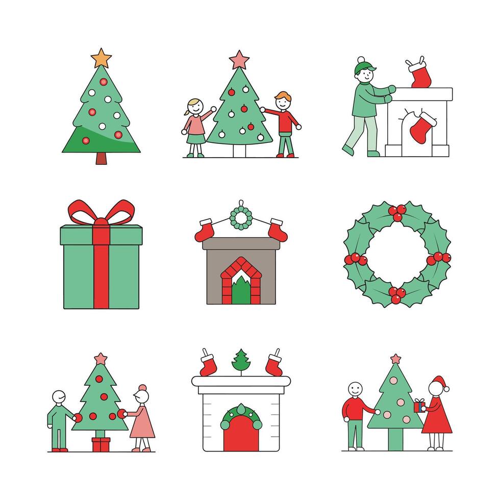 Magical Christmas outline illustrations of holiday traditions, festive joy, and winter cheer vector