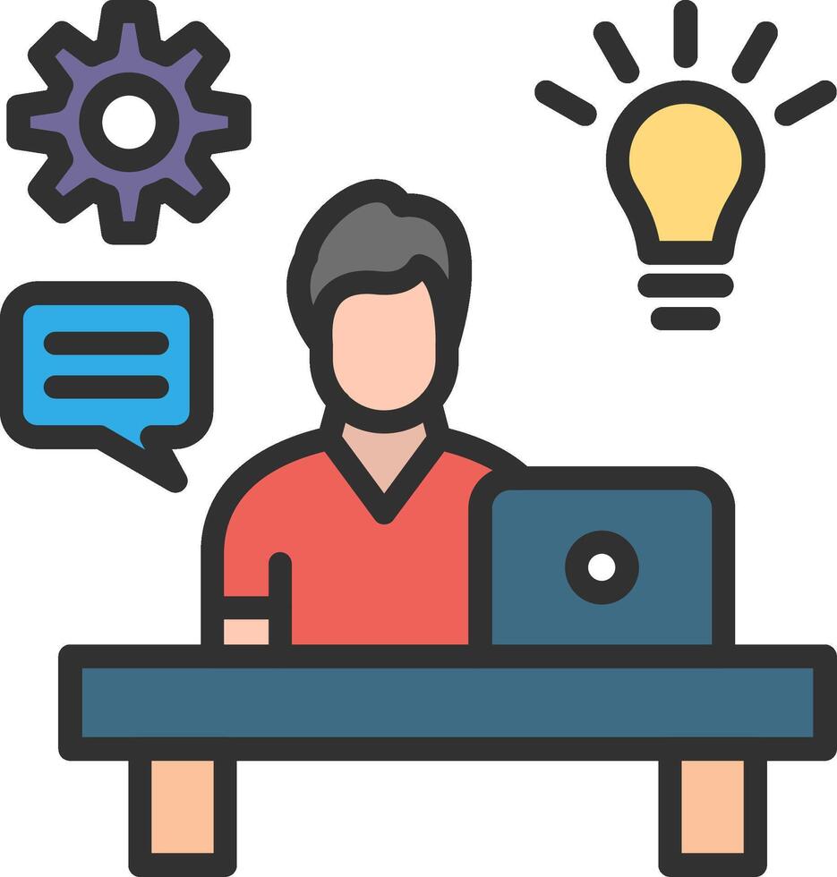 A man sitting at a desk with a laptop and a light bulb vector