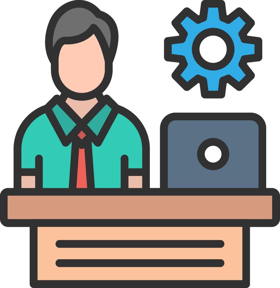 A man is sitting at a desk with a laptop and gears vector